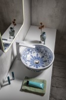 Sapho Priori pultra tehető kerámia mosdó, kék-fehér mintával, kézi festéssel készült PI012 40,5 cm