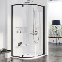 Ravak Pivot PSKK 80 cm íves zuhanykabin, kifelé nyíló ajtóval, fekete kerettel, átlátszó üveggel